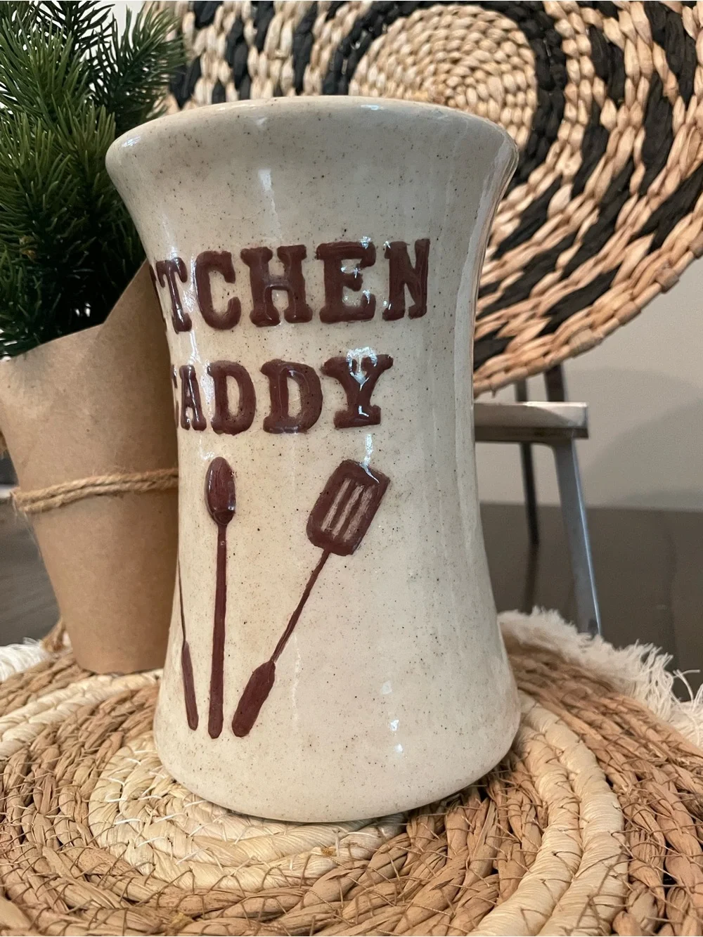 Vintage Cream Ceramic Kitchen Caddy with Brown Lettering